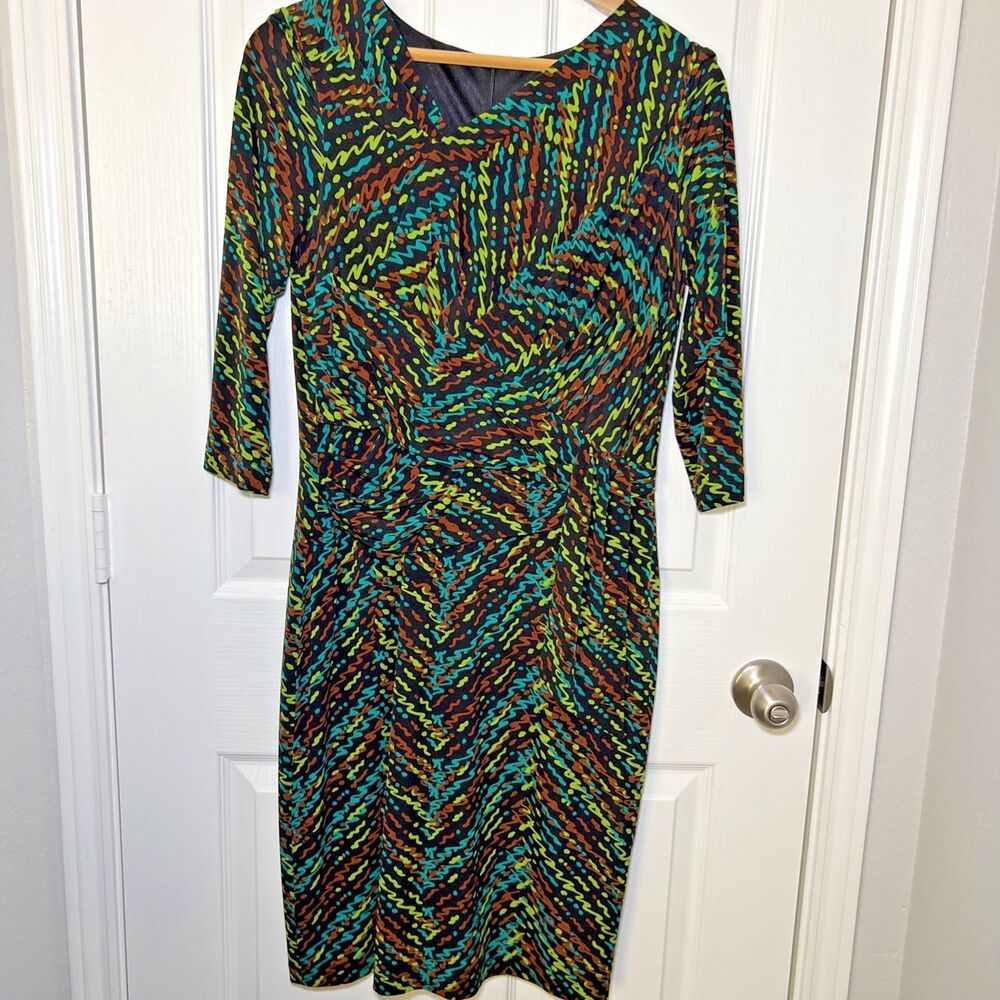 David Meister Dress 10 Black Green Blue Career Stretch 3/4 Sleeve Asymmetrical